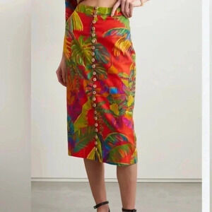 Farm Rio Women's Large Red Urban Jungle Button
Down Midi Skirt Tropical Beach L
